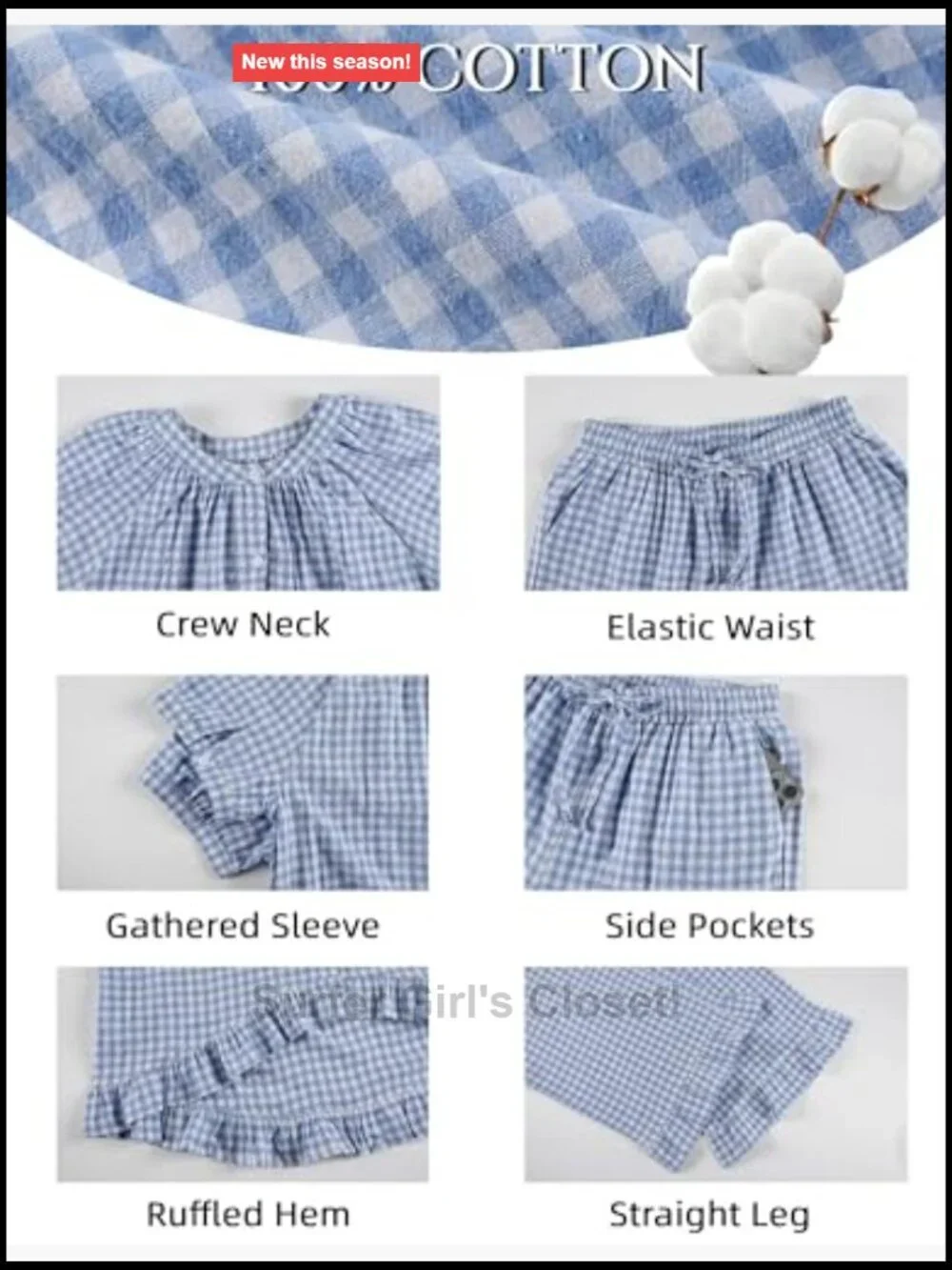 Women's 2 Piece Gingham Pajama Set Cotton Button Down Short Sleeve Ruffle
